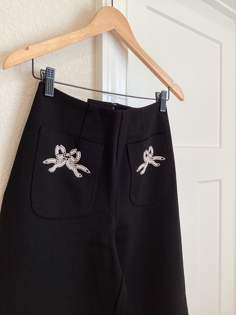 Anthropologie Colette Pants Maeve Full Length Wide Leg Embroidered Bow New Black - Picture 6 of 14